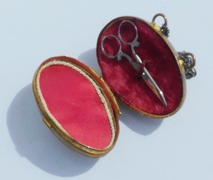 Child's Doll Sewing Kit in Brass Egg Miniature Steel Scissors Late 19th Century