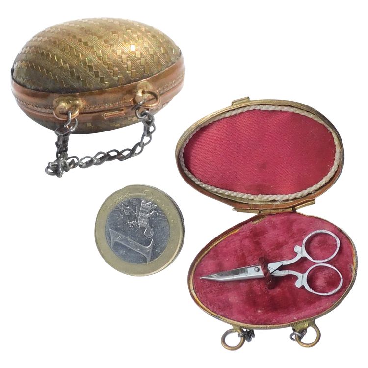 Child's Doll Sewing Kit in Brass Egg Miniature Steel Scissors Late 19th Century