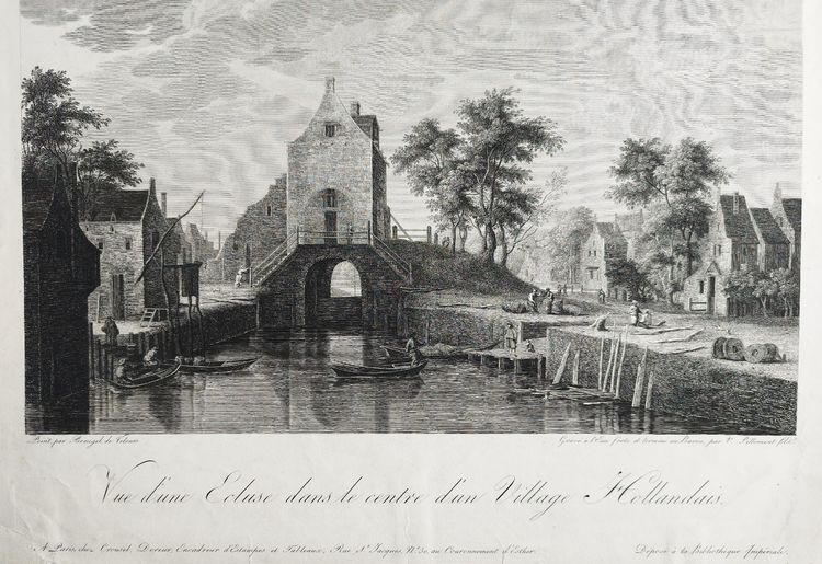 Gravure Ancienne  Village Hollandais par Victor Pillement d'Après Breugel 19ème