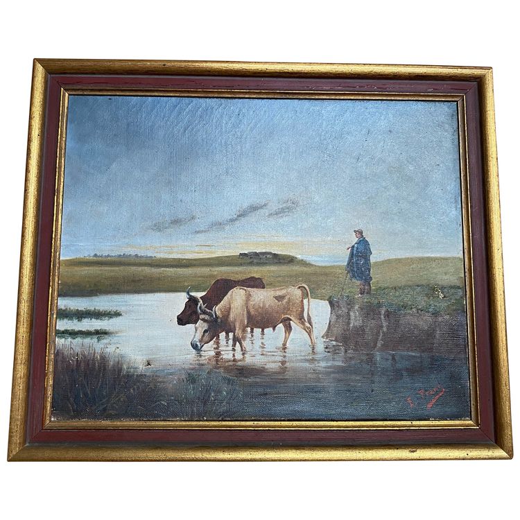 Painting Pastoral Scene at the River – French School, late 19th century