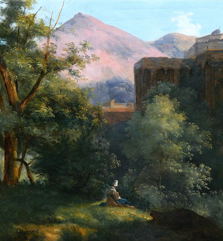 François-Louis Dejuinne 1784-1844 Puy-de-Dôme, the church of Royat, painting, around 1830 landscape