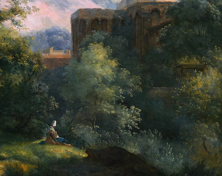 François-Louis Dejuinne 1784-1844 Puy-de-Dôme, the church of Royat, painting, around 1830 landscape