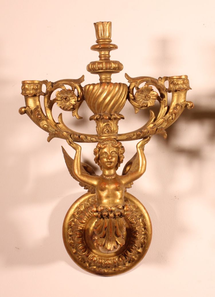 Paire d'Appliques En Bois Doré - Italie- 19° Siècle