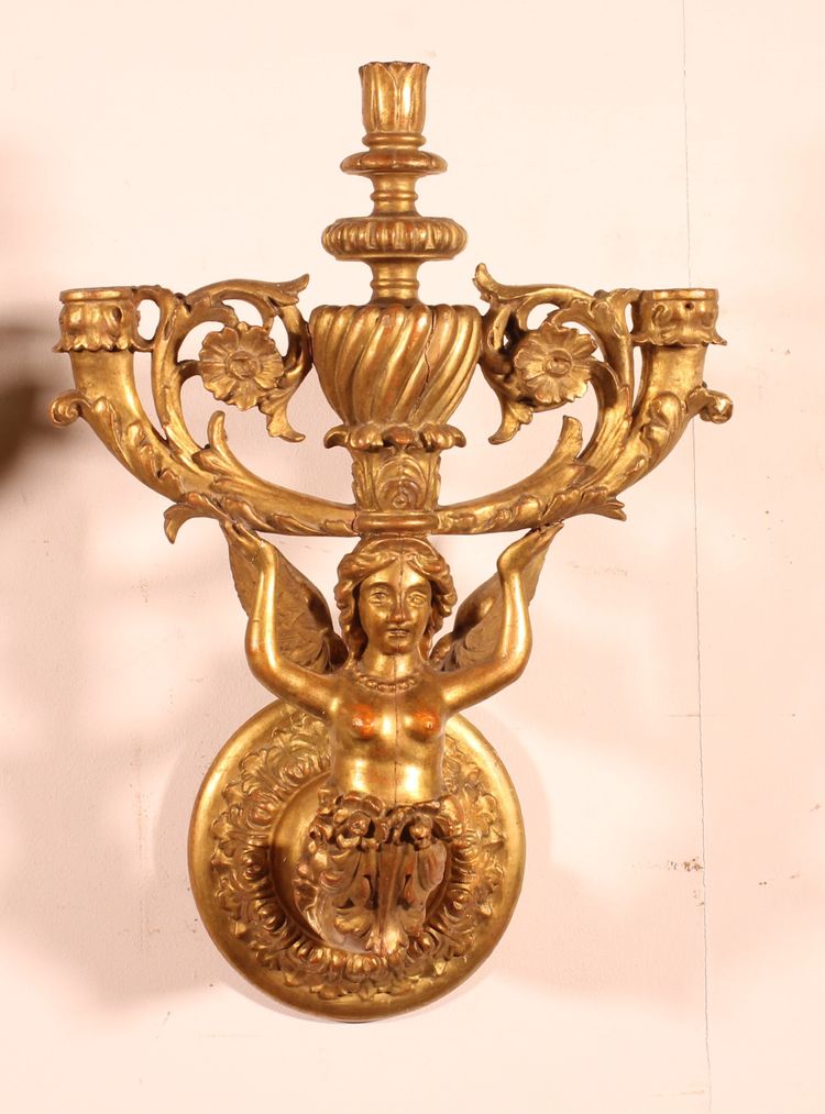 Paire d'Appliques En Bois Doré - Italie- 19° Siècle