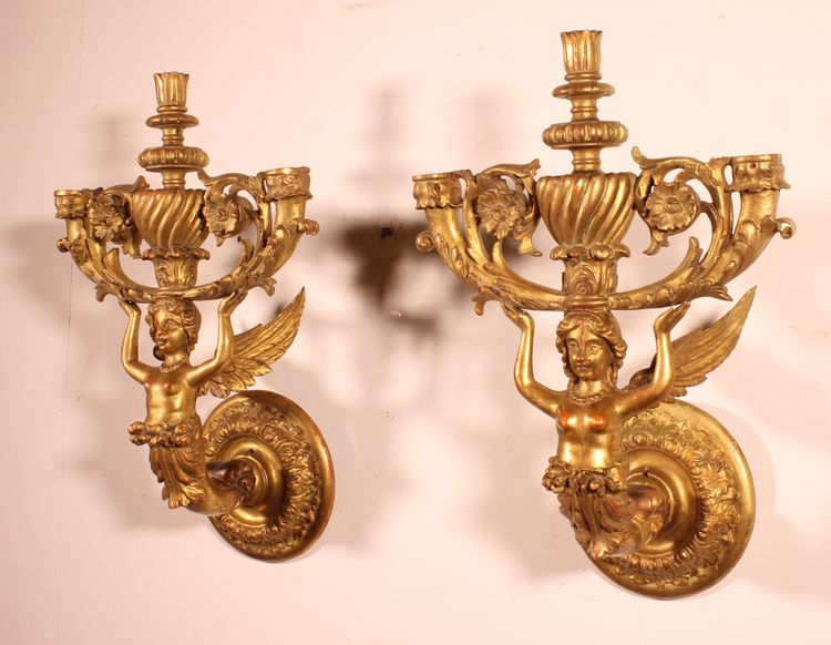 Paire d'Appliques En Bois Doré - Italie- 19° Siècle