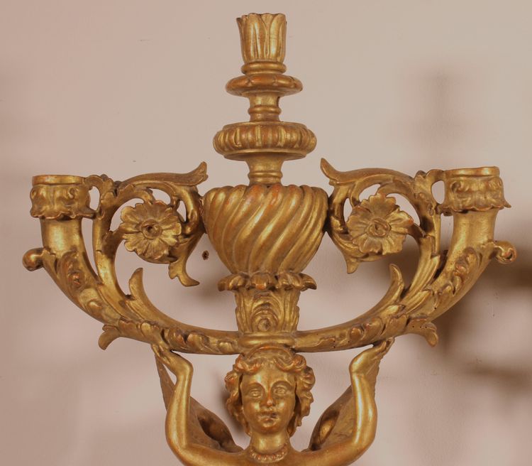 Paire d'Appliques En Bois Doré - Italie- 19° Siècle