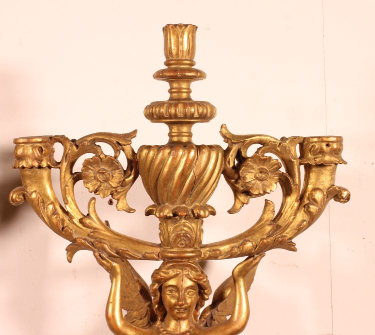 Paire d'Appliques En Bois Doré - Italie- 19° Siècle