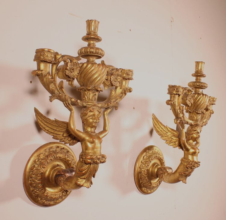 Paire d'Appliques En Bois Doré - Italie- 19° Siècle