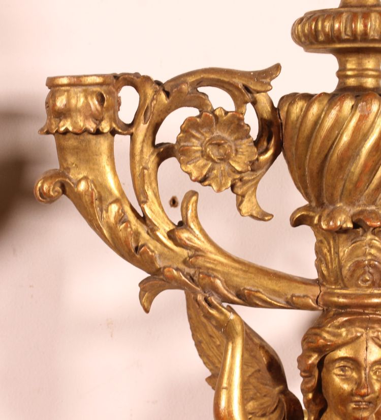 Paire d'Appliques En Bois Doré - Italie- 19° Siècle