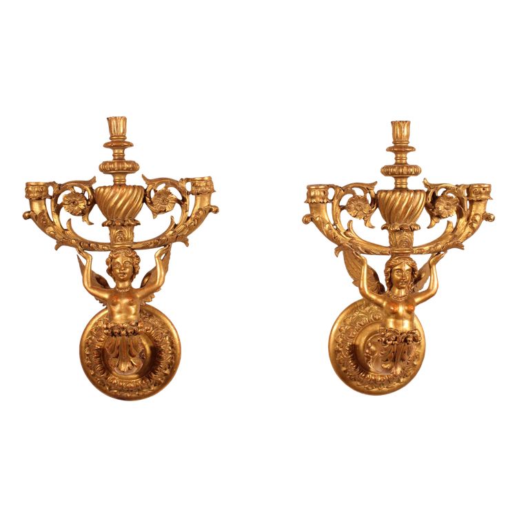 Paire d'Appliques En Bois Doré - Italie- 19° Siècle