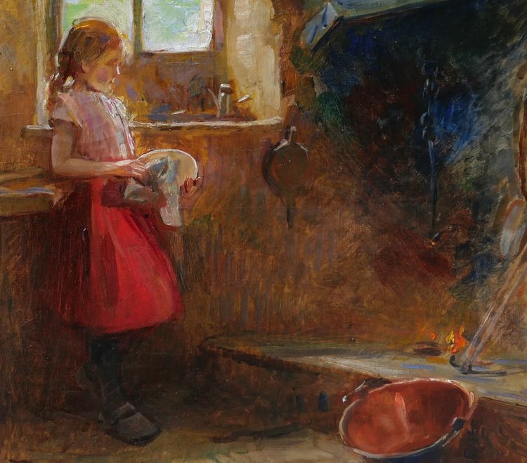 René-Louis Chrétien 1867-1945 Jeune fille dans un intérieur, tableau, vers 1900 impressionnisme