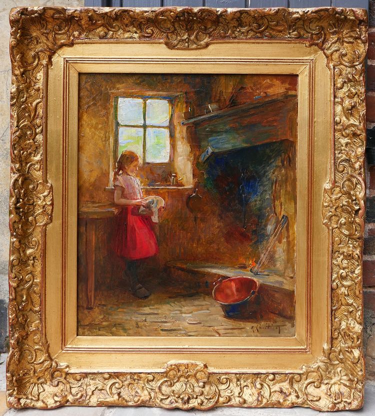 René-Louis Chrétien 1867-1945 Jeune fille dans un intérieur, tableau, vers 1900 impressionnisme