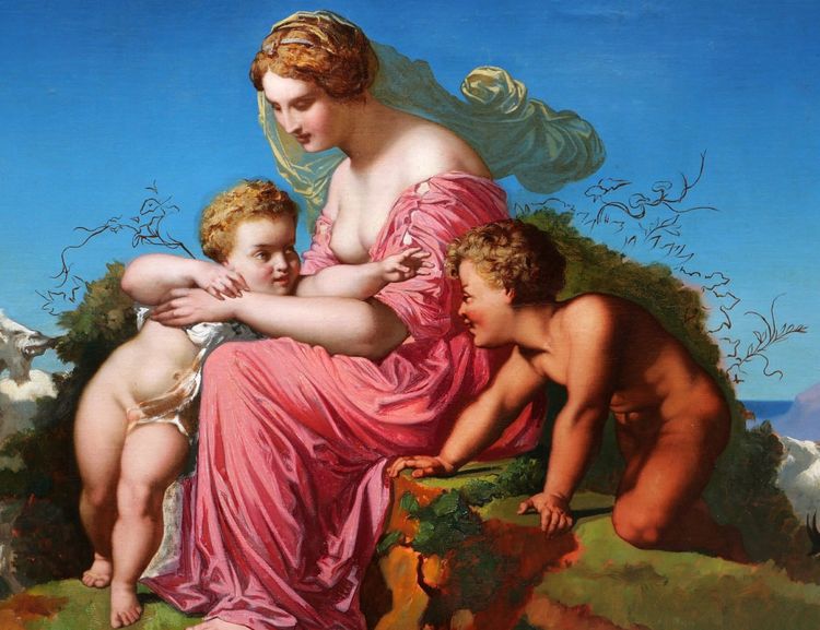 FRENCH SCHOOL circa 1860, circle of Henri LEHMANN, Mother, children and goats (LARGE FORMAT)