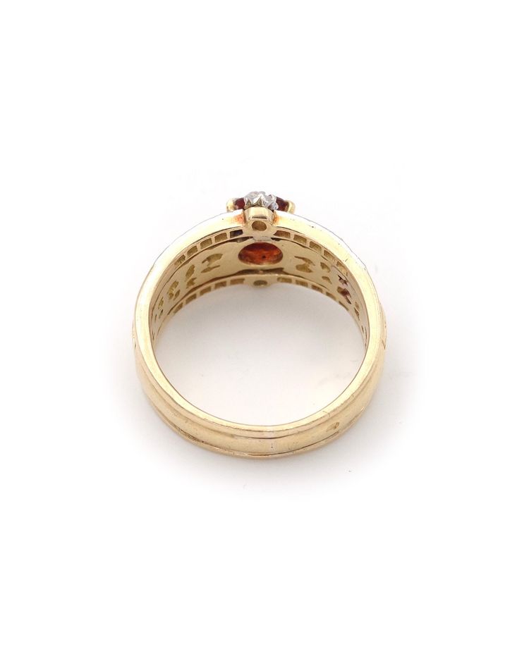 Anello in stile Art Nouveau con granato e vischio in oro 18k e platino, granato hessonite e diamante, anello antico
