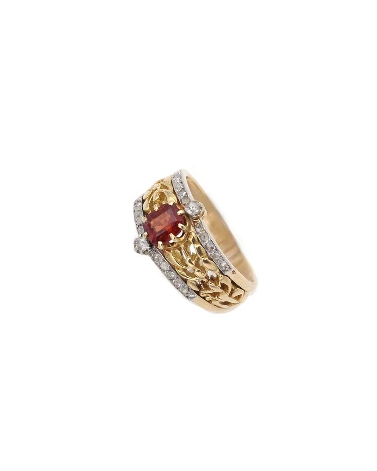 Anello in stile Art Nouveau con granato e vischio in oro 18k e platino, granato hessonite e diamante, anello antico