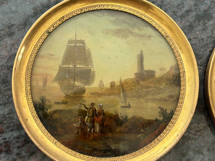 Pair of Miniatures Fixed Under Glass, Late 18th Century, Marine Scene - Miniature