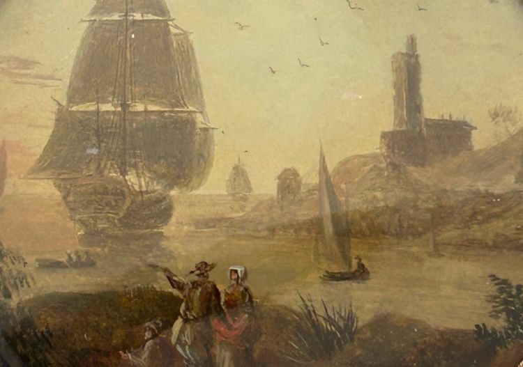 Pair of Miniatures Fixed Under Glass, Late 18th Century, Marine Scene - Miniature