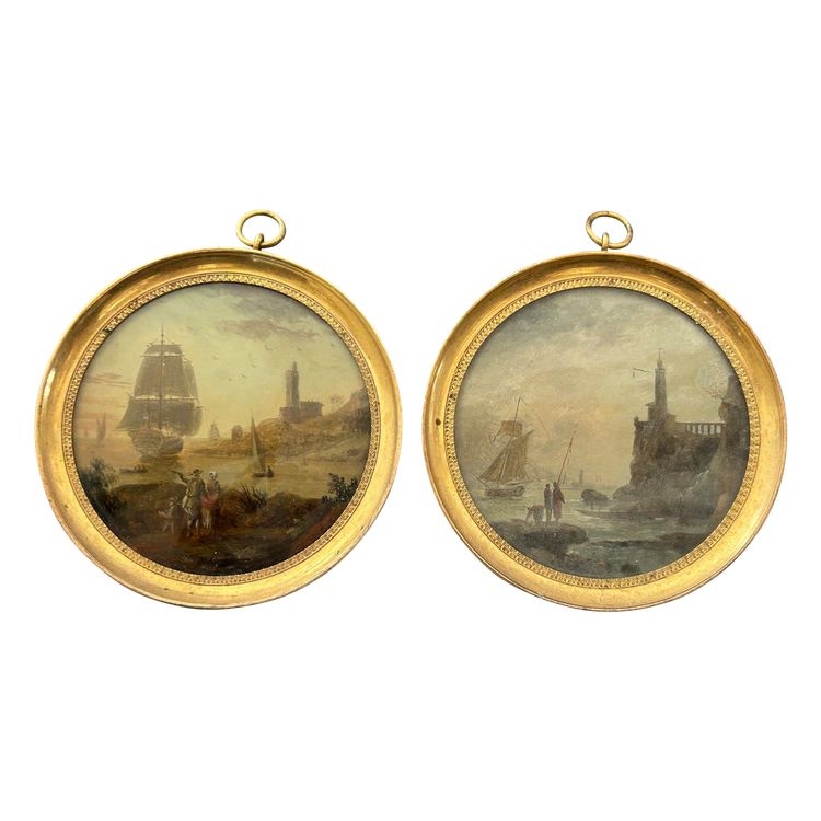 Pair of Miniatures Fixed Under Glass, Late 18th Century, Marine Scene - Miniature