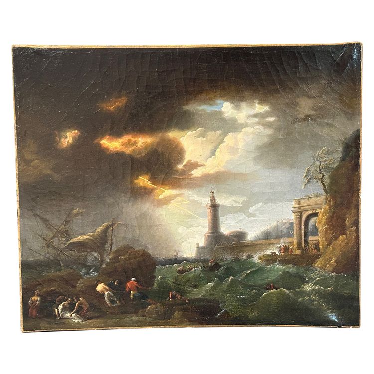 Storm and Shipwreck Scene Oil on Canvas 18th Century School of Joseph Vernet