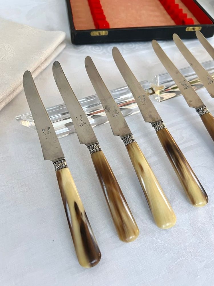 Dessert Knives - Bovine Horn Handles and Silver-Plated Metal Ferrules