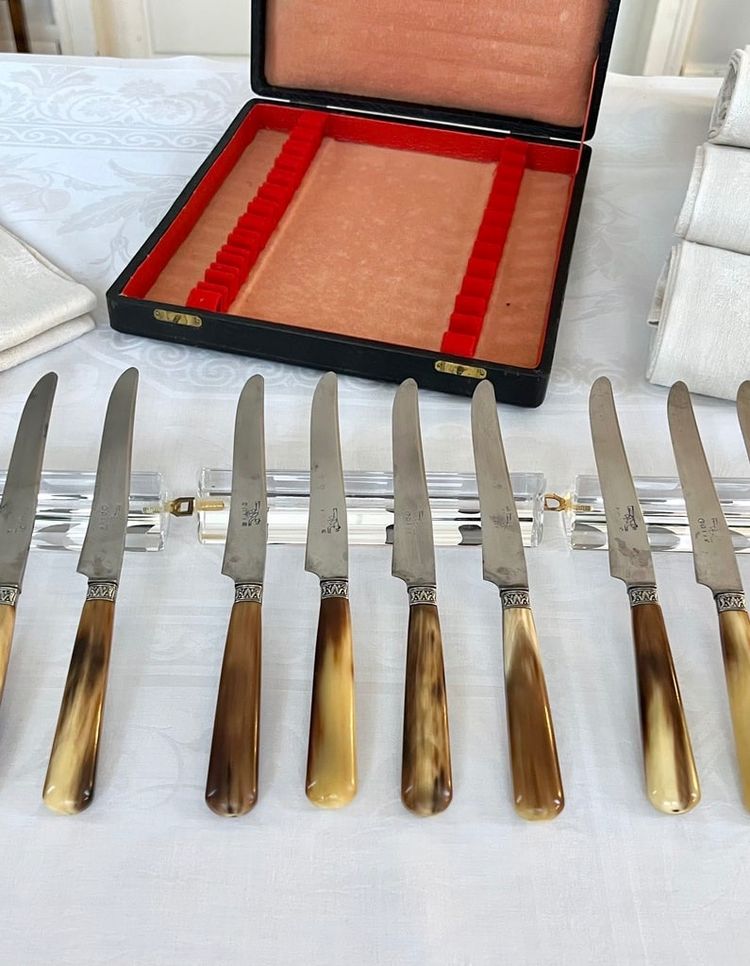 Dessert Knives - Bovine Horn Handles and Silver-Plated Metal Ferrules