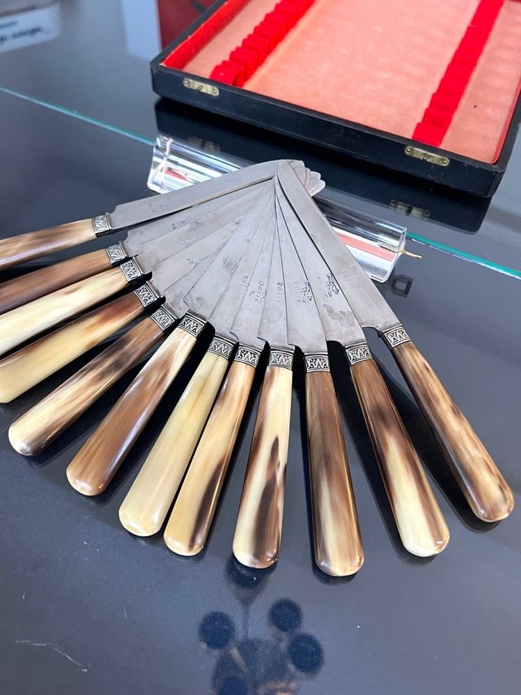 Dessert Knives - Bovine Horn Handles and Silver-Plated Metal Ferrules