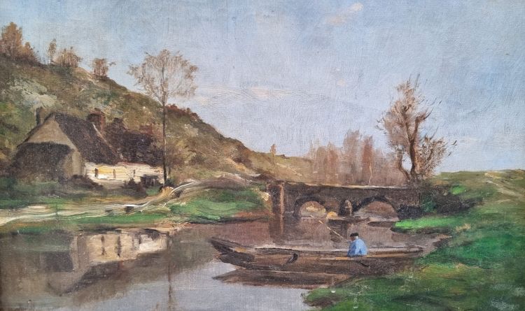 Paul-Désiré TROULLEBERT - Landscape with a boat on a river near a bridge
