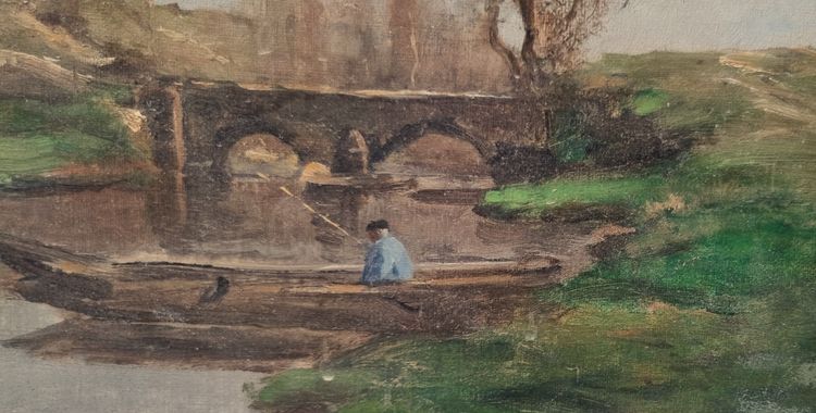 Paul-Désiré TROULLEBERT - Landscape with a boat on a river near a bridge