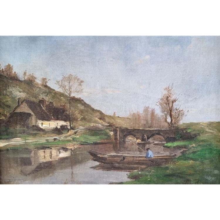 Paul-Désiré TROULLEBERT - Landscape with a boat on a river near a bridge