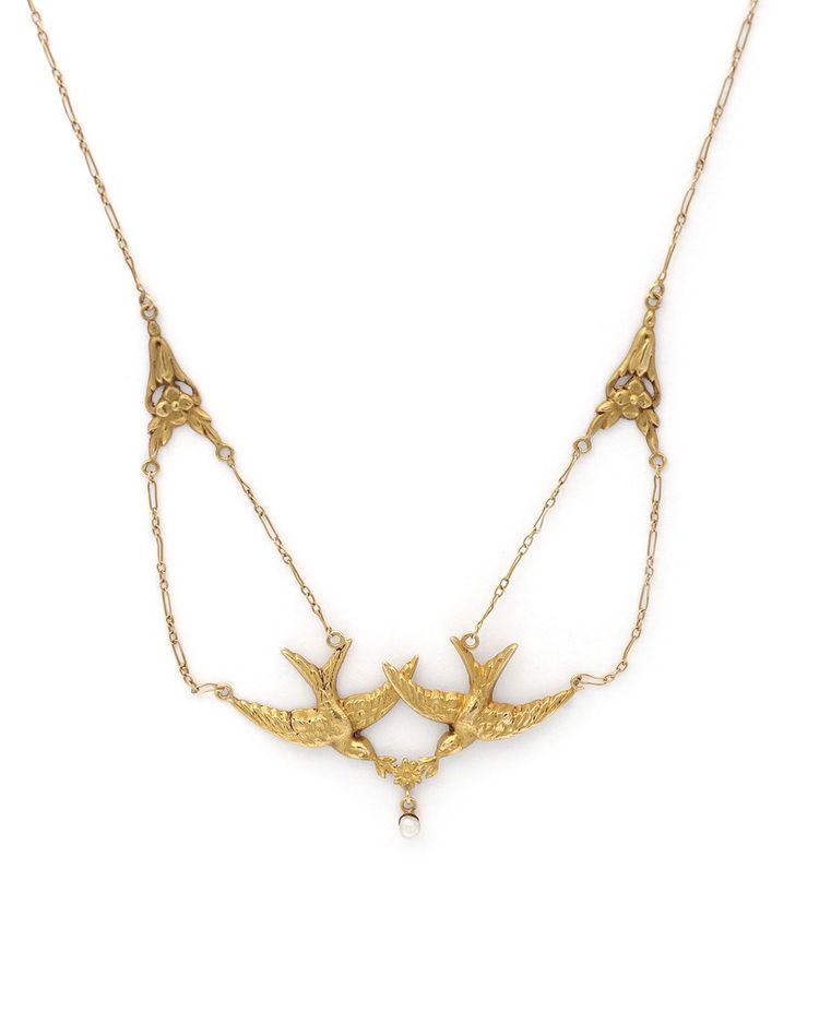 Collana con rondine in stile Art Nouveau in oro 18k, coppia di uccelli, perla fine, fiore, gioielli antichi