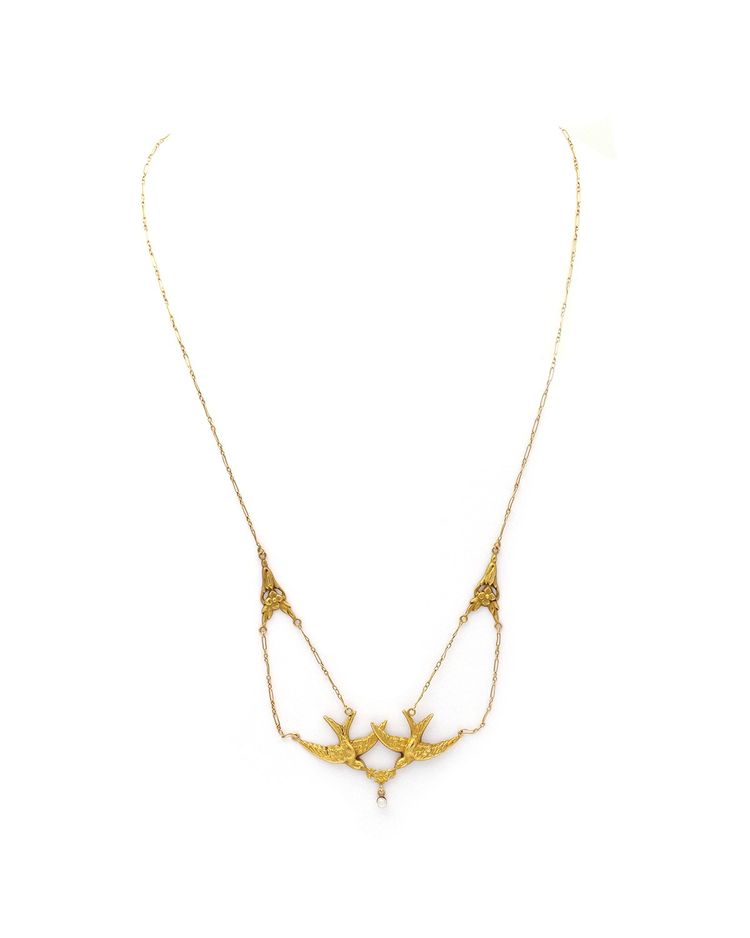 Collana con rondine in stile Art Nouveau in oro 18k, coppia di uccelli, perla fine, fiore, gioielli antichi