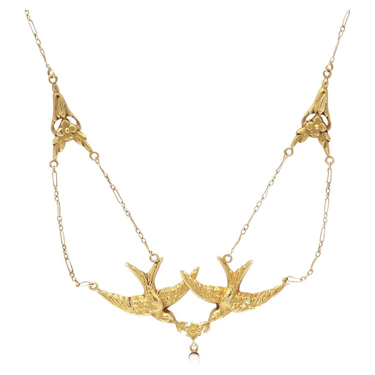Collana con rondine in stile Art Nouveau in oro 18k, coppia di uccelli, perla fine, fiore, gioielli antichi