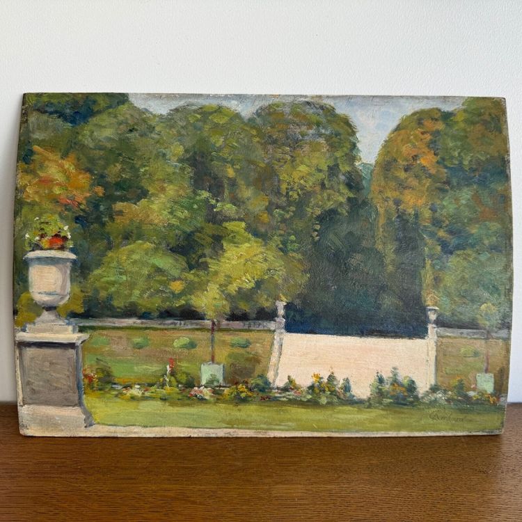 Olio su pannello di legno di Richard raffigurante un giardino di proprietà