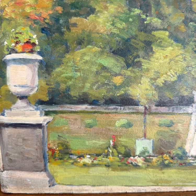 Olio su pannello di legno di Richard raffigurante un giardino di proprietà