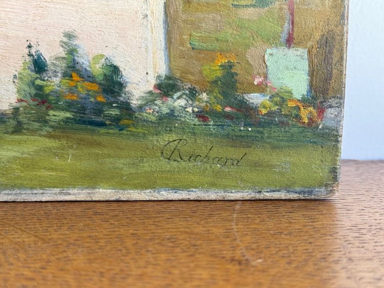 Olio su pannello di legno di Richard raffigurante un giardino di proprietà