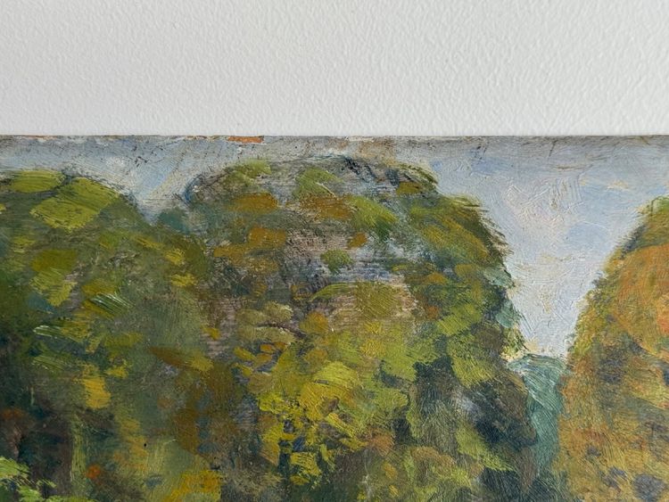 Olio su pannello di legno di Richard raffigurante un giardino di proprietà