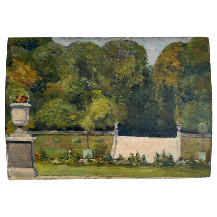 Olio su pannello di legno di Richard raffigurante un giardino di proprietà