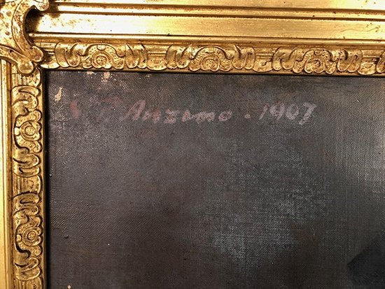Oil on canvas signed Giuseppe P. Anzino and dated 1907. Portrait of Miss Margaret Elizabeth WAYNE