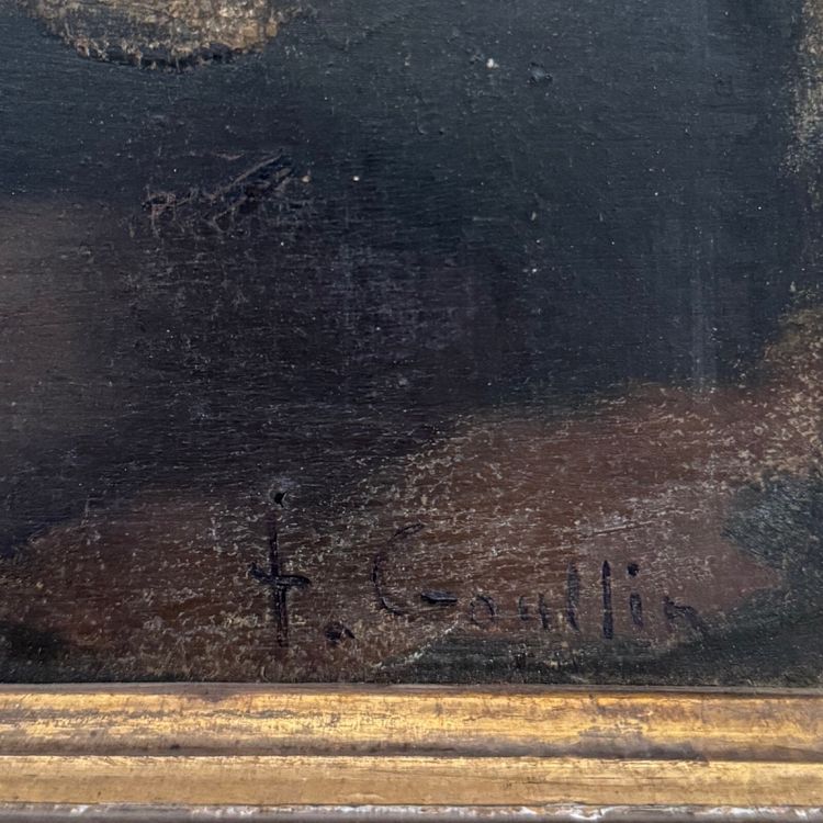 Oil on panel by Francis Goullin forest landscape 19th century gilded frame