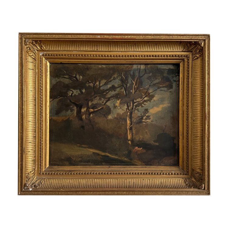 Oil on panel by Francis Goullin forest landscape 19th century gilded frame