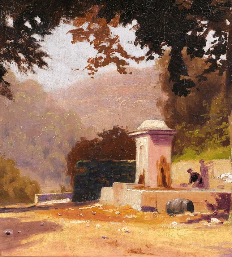 Charles LIEBERT Provence, Brunnen unter Platanen, Gemälde, um 1910-20 Var Landschaft