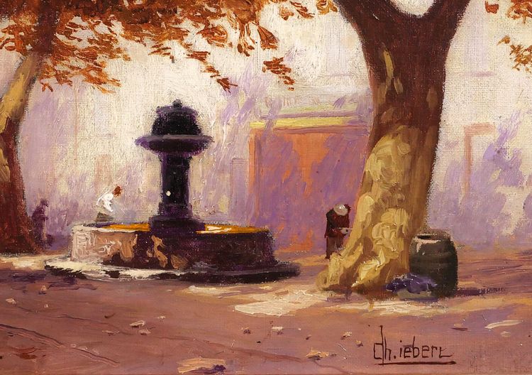 Charles LIEBERT Provence, Brunnen unter Platanen, Gemälde, um 1910-20 Var Landschaft