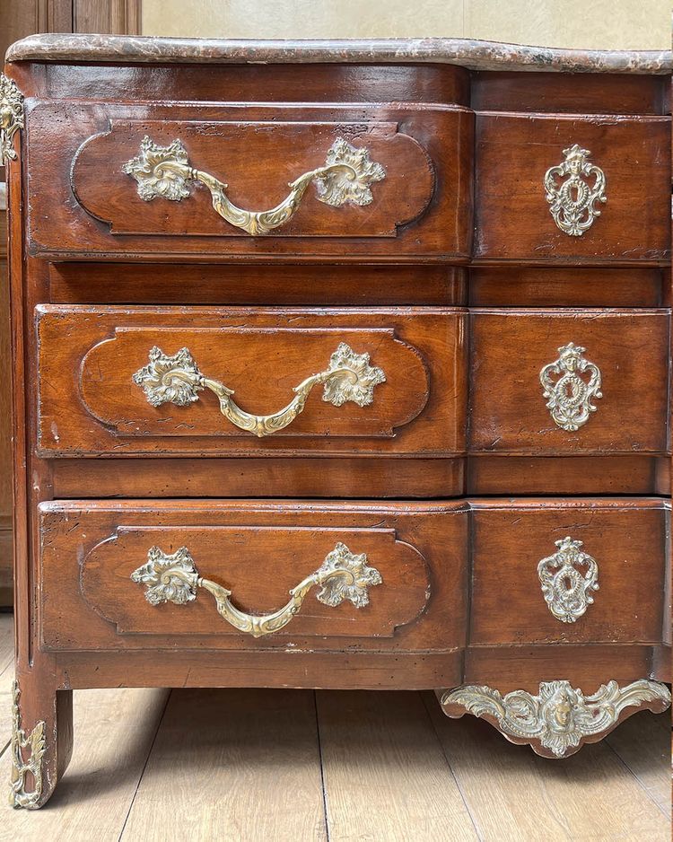 Chest of drawers in natural wood and Louis XV-style veneer