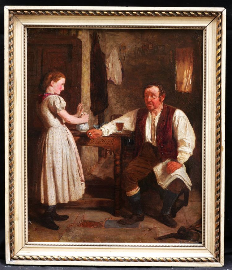 SCUOLA TEDESCA, 1871, uomo con un bicchiere di birra e una ragazza in un interno