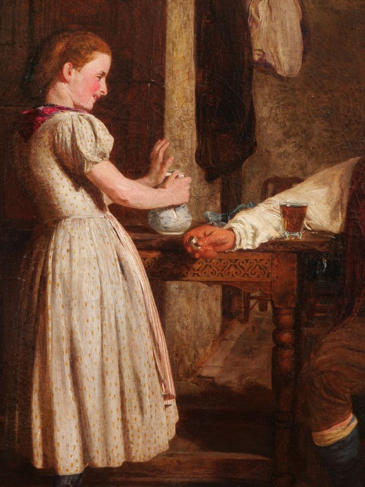 SCUOLA TEDESCA, 1871, uomo con un bicchiere di birra e una ragazza in un interno