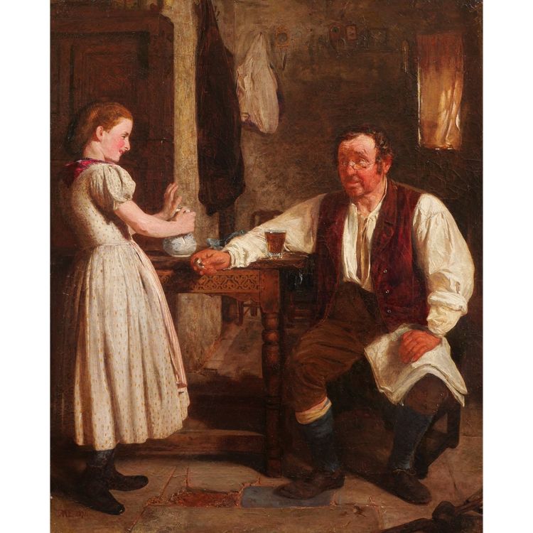 SCUOLA TEDESCA, 1871, uomo con un bicchiere di birra e una ragazza in un interno