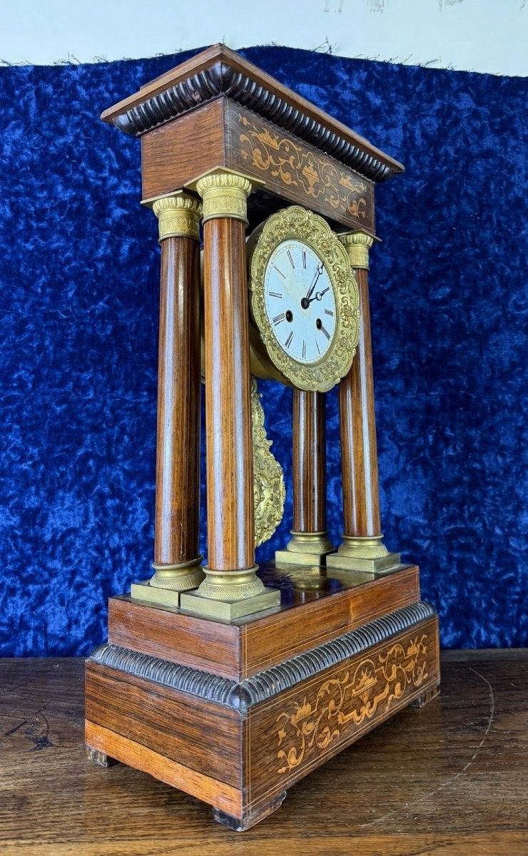 Napoleon III period portico clock in marquetry and gilded bronzes