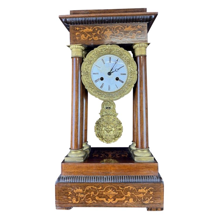 Napoleon III period portico clock in marquetry and gilded bronzes