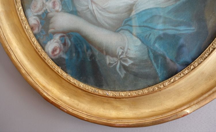 Scuola francese del XVIII secolo, ritratto di signora aristocratica in Flora, pastello, periodo Luigi XV