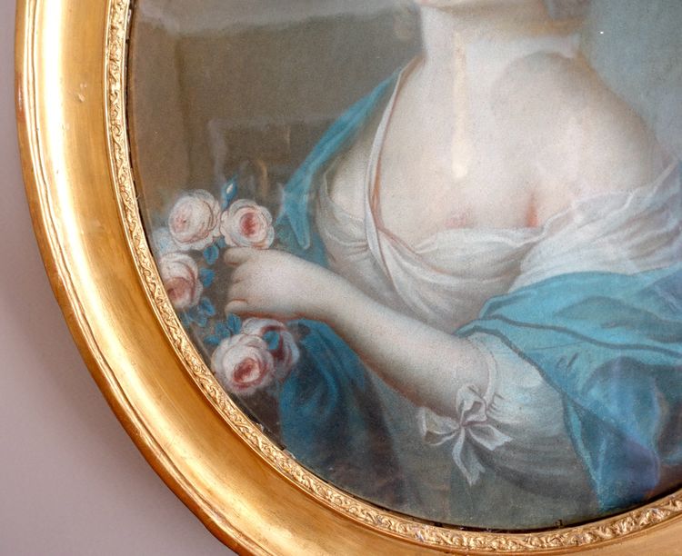 Scuola francese del XVIII secolo, ritratto di signora aristocratica in Flora, pastello, periodo Luigi XV